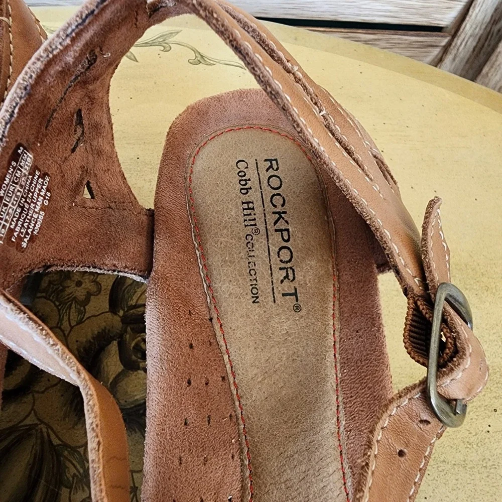 Rockport Sz 10 Brown Leather Mary Jane T-Strap Wedge Sandals Cottagecore Girly